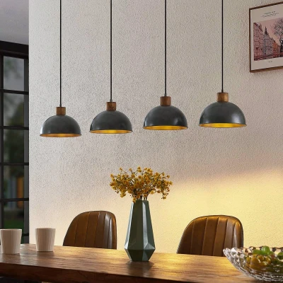 Afbeelding van Lindby Hanglamp 4lichts hout, ijzer E27 hout natuur, donkergrijs