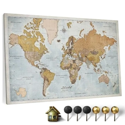 Afbeelding van CANVASCALE wereldkaart op canvas met kurkbord Engelse letters wanddecoratie voor alle kamers afbeeldingen motief (70 x 50 cm, 14)