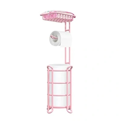 Afbeelding van Porte papier toilette sur pied rose Distributeur de rouleaux avec rangement pour 4 méga réserve, téléphone et lingettes