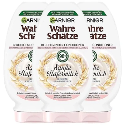 Afbeelding van Garnier Wahre Schätze 3 x 200 ml rustgevende conditioner met zachte havermelk ontwart en hydrateert gevoelig haar gevoelige hoofdhuid,