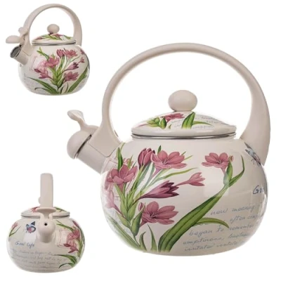 Afbeelding van KADAX waterkoker van roestvrij staal, fluitketel, 2,2 liter, inductieketel en gasfornuis, emaille waterkoker, retro met fluitje (crocus)