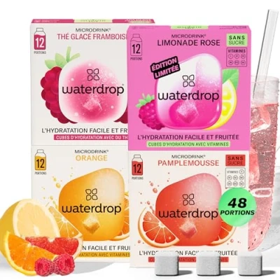 Afbeelding van waterdrop® Microdrink Limonade set, 48 tabletten, hydraterende drank, ijsthee, framboos, sinaasappel, grapefruit en limonade, veganistische drankblokjes, vitamine C &amp; B, gearomatiseerd water zonder