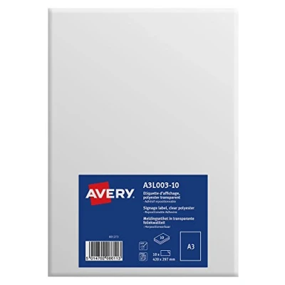 Afbeelding van Avery Verwijderbare kleeflaag transparant A3 (297 x 420 mm) 10 etiket(ten) opschriftetiketten