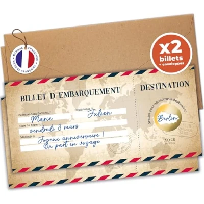 Afbeelding van aliceandberry Kraskaart voor verrassingsreis, personaliseerbare instapkaart om cadeau te geven, vliegtuigticket, verjaardag, reizen, verrassing, in het Frans, vintage model (2 kaarten)