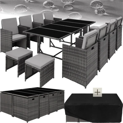 Afbeelding van tectake® Wicker tuinloungeset Polyrotan tuinmeubelset, 8+4+1 zitgedeelte, 8 stoelen, 4 krukken, 1 tafel Incl. beschermhoes, voor tuin, balkon, terras grijs/lichtgrijs