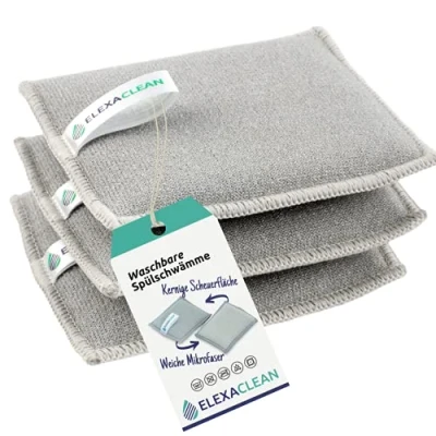 Afbeelding van ELEXACLEAN Afwasspons topreiniger sponzen (set van 3, 12x10 cm, grijs) wasbaar om opnieuw te gebruiken, met microvezel Nieuw: grote versie