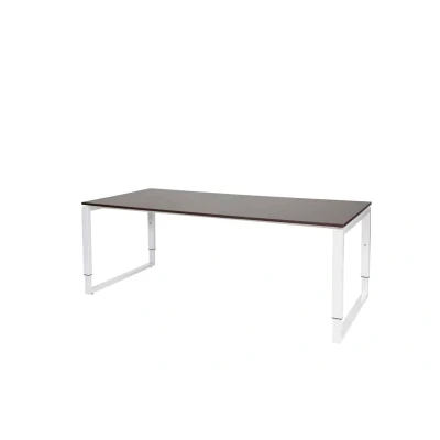 Afbeelding van Domino Plus bureau, hoogte instelbaar (62 85cm) met 200x90cm &#039;zwevend&#039; logan eiken 25mm blad en wit (RAL9010) O poot frame