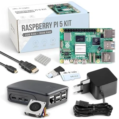 Afbeelding van Raspberry Pi 5 Starter Kit 8GB zwart USB C voeding 27W Behuizing met ventilator 64GB MicroSD Micro HDMI kabel 4K 1m / RAM