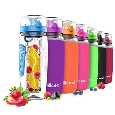 Afbeelding van willceal Waterfles met fruitinzetstuk, 0,95 l, van Tritan, BPA vrij, klapdeksel, lekvrij, geschikt voor sport en camping, blauw