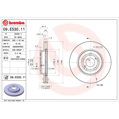 Afbeelding van BREMBO 09.E530.11 Remschijf 260 22 5 interne ventilatie Gecoat TOYOTA: Yaris IV
