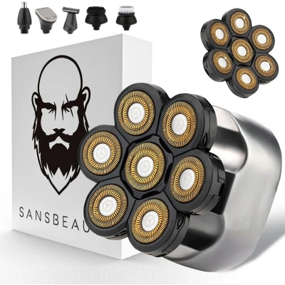 Afbeelding van 6 in 1 Scheerapparaat Mannen + Extra Scheerkop Trimmer Tondeuse Sansbeauté® SkullSharp Platinum Skull Shaver Electric Face &amp; Head Hoofd Kaal Scheren Nat Droog Elektrisch