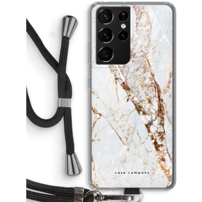 Afbeelding van Case Company® hoesje met Koord geschikt voor Samsung Galaxy S21 Ultra Goud marmer Telefoonhoesje Zwart Bescherming aan alle Kanten en Over de Schermrand