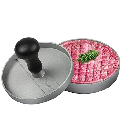 Afbeelding van GOURMEO Burgerpers van gegoten aluminium met antiaanbaklaag + 50 vellen anti aanbakpapier hamburgerpers, burgermaker