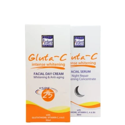 Afbeelding van Gluta C Skin Lightening Facial Serum Night Repair samen met de dagcrème 30ml
