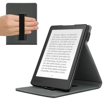 Afbeelding van kwmobile E reader hoesje geschikt voor Kobo Aura Edition 2 hoes flip case van kunstleer Ereader cover met handgrip en stand In zwart