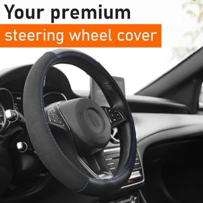 Afbeelding van Upgrade4cars Auto Stuurhoes Alcantara Look Blauw Zwart Universele Stuurwiel hoes 37 39 cm / 14,5 15 Inch Accessoires Interieur voor Vrouwen &amp; Heren