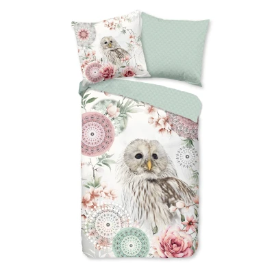 Afbeelding van Flanellen Dekbedovertrek 155x220 cm Uil en Bloemen Print Wit/Roze/Groen 1 Persoons 100% Katoen Flanel