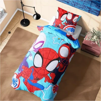 Afbeelding van Marvel Spiderman beddengoedset met dekbedovertrek en kussensloop voor kinderen jongeren, eenpersoons (blauwe spin)