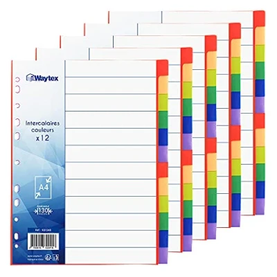 Image de Lot de 5 jeux 12 Intercalaires A4 Couleurs Vives en Polypropylène avec Page d&#039;Index