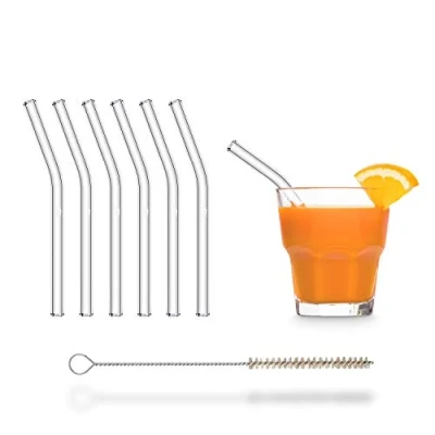 Afbeelding van Halm herbruikbare glazen rietjes 6 stuks kort gebogen 15 cm + plasticvrije reinigingsborstel vaatwasser duurzaam voor cocktailglazen Tumbler