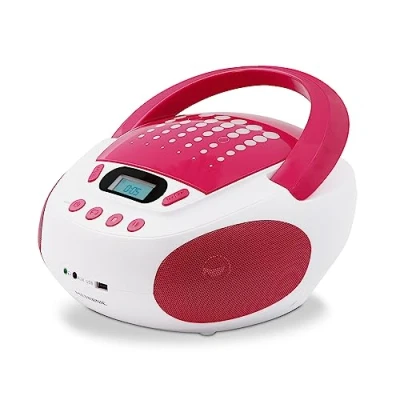 Afbeelding van METRONIC Pop Pink MP3 CD speler voor kinderen, met USB poort, voeding of batterijen, wit en roze