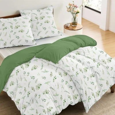 Afbeelding van Dreamzie 2 dekbedovertrekken 135 x 200 cm met kussenslopen 80 cm, botanisch motief, saliegroen, beddengoed bladpatroon, ritssluiting, Oeko TEX