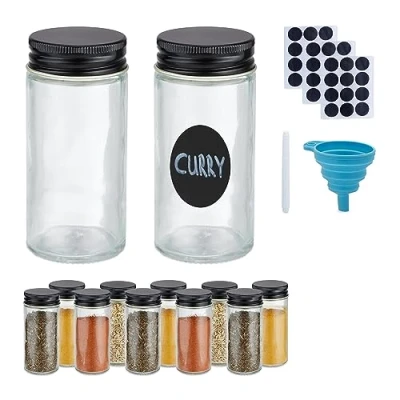 Afbeelding van Relaxdays kruidenpotjes set met labels rond kruidenstrooiers rvs glas keuken Pak van 12
