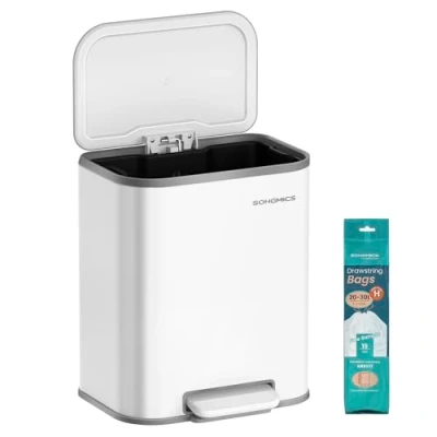 Afbeelding van SONGMICS afvalemmer voor de keuken, pedaalemmer 20 l, van staal, deksel met zachte sluiting, blijft open, binnenemmer, breed antislip pedaal, wolkenwit LTB542W02