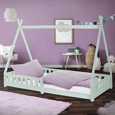 Afbeelding van Kinderbed met uitvalbeveiliging en lattenbodem 90x200 cm mint van grenenhout ML Design