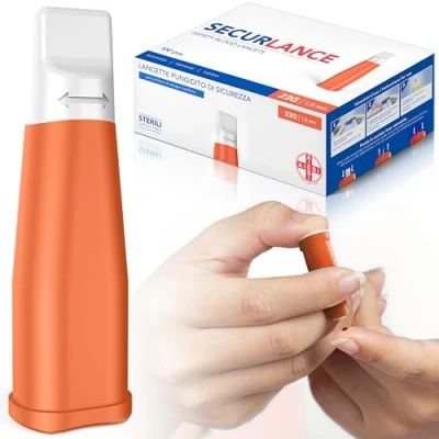 Afbeelding van AIESI® Steriele wegwerplancetten met veiligheidssysteem en intrekbaar roestvrijstalen opzetstuk, naald 23G DOCTOR SECURLANCE (verpakking van 100 stuks)