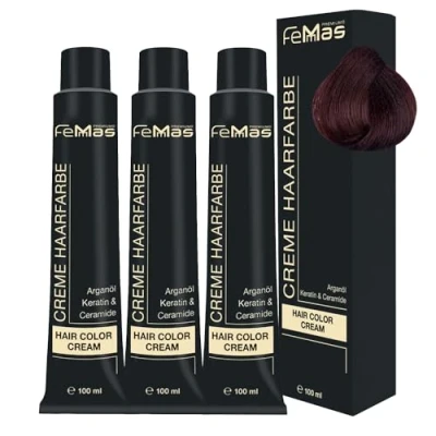 Image de FemMas Teinture pour cheveux, crème, à l&#039;huile d&#039;argan, de kératine, céramides, coloration permanente, résultats couleur éclatants et durables, marron clair, cuivre 5.4, 100 ml (lot 3)