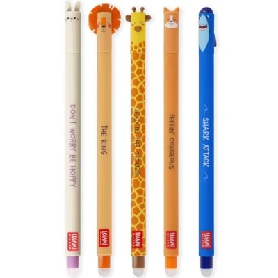Afbeelding van LEGAMI 5 uitwisbare gelpennen met warmtegevoelige inkt, inktkleuren en vatmotieven, 0,7 mm punt, konijn, leeuw, giraf, corgi haai