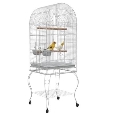 Afbeelding van PawHut Grote vogelkooi op wielen met plank, rooster en afneembaar dienblad, 2 roestvrijstalen dienbladen, zitstok voor parkieten, 51 x 153 cm, wit