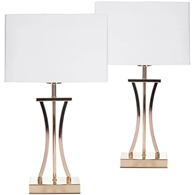 Afbeelding van BRUBAKER Set van 2 Tafellampen Bedlampjes Gouden zuil Decoratieve Vintage Metalen 50 cm Goud/wit