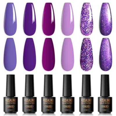 Afbeelding van ROSALIND semi permanente nagellak, paars, 6 kleuren, mini fuchsia, lavendel, glitter, soak off, UV/LED, permanent, voor manicuresalon, doe het zelf thuis