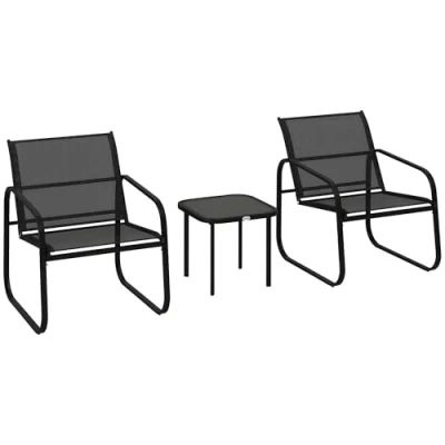 Afbeelding van Outsunny Tuinbistroset, 3 delig, tuinmeubelen voor buiten, 2 personen, met netstoelen en salontafel van gehard glas, tuinmeubelen, terras, balkon, veranda, zwart
