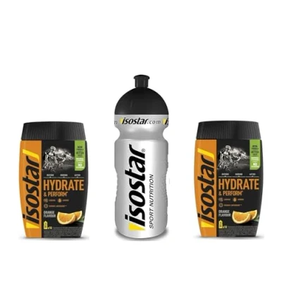 Afbeelding van Isostar Hydrate &amp; Perform Iso Drink 400 g isotoon drankpoeder elektrolytpoeder ter ondersteuning van de sportieve prestaties 2 x oranje + 0,5 liter fles