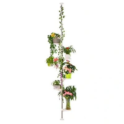 Afbeelding van BAOYOUNI Telescopische bloempothouders van metaal, plantenhouder voor binnen, display, hoekrek, 7 niveaus, met 6 dienbladen en 1 haak, decoratie woonkamer, slaapkamer, kantoor, balkon,