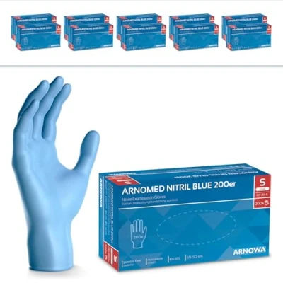 Image de ARNOMED gants nitrile jetables taille S, 2000 pièces (10 boîtes), en bleu, gant jetable non poudrés &amp; sans latex, jetables, cuisine tailles M, L XL