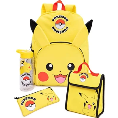 Afbeelding van Pokemon Pikachu Rugzak en lunchtrommel set voor kinderen 4 stuks Pokeball 3D Ears Lunchtrommel, etui, waterflesje, Geel.