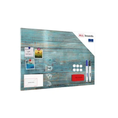 Afbeelding van ALLboards Metalen magneetbord van hout, blauw, 90 x 60 cm, memobord voor alle soorten magneten, om te schrijven + 4 markers, 10 magneten en spons inbegrepen