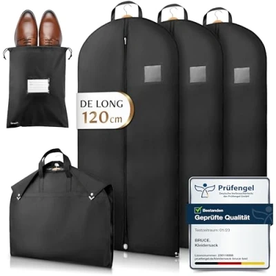 Afbeelding van Bruce.® 3 kledinghoezen (120 x 60 cm) inclusief 1 schoenentas, hoogwaardige herenkostuumhoes voor kleding, ademende kledinghoes reizen en opbergen