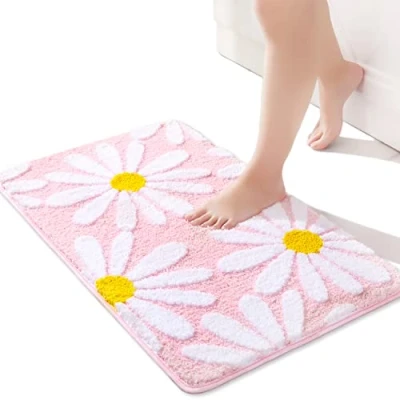 Afbeelding van QJHOMO Schattige roze badmatten madeliefjes badmat antislip wasbaar wit en geel bloem zacht absorberend badkamermat 40 x 60 cm