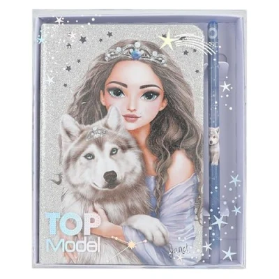 Image de Depesche 13176 TOPModel Wolf Carnet de Notes argenté et Bleu Scintillant, avec Motif Loup, étoiles 160 Pages, Crayon Inclus