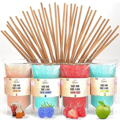 Afbeelding van Greendoso Suikerspin Suiker (4 x 350 Gr) = 1,4 Kg (Aardbei Cola Framboos Appel) Suikerspinmachine Poeder + 50 30Cm Sticks (Gratis) 1 Meetlepel