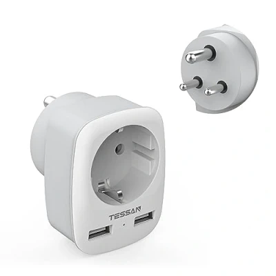 Afbeelding van TESSAN 3 in 1 reisadapter voor India met 2 USB, stekkeradapter, India, reisstekker type D, adapter Sri Lanka, Nepal, Indiase netadapter