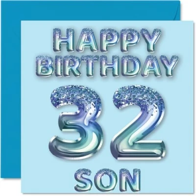 Afbeelding van Verjaardagskaart voor zoon, 32 jaar, blauwe glitterballonnen, verjaardagskaarten jarige zoon van mama en papa, 145 mm x