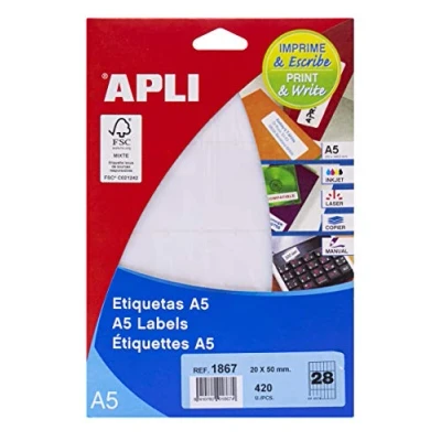 Afbeelding van Apli Witte Etiketten Print &amp; Write Ft 20 X 50 Mm (b H), 420 Stuks, 28 Per Blad (1867) Etiket