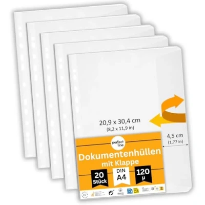 Afbeelding van perfect line 20 transparante hoezen voor DIN A4 documenten met klep, kunststof hoes, generfd formaat, Made in EU