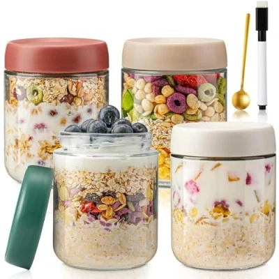 Afbeelding van QIMYGIFT Overnight Oats weckpotten met deksel, 500 ml, schroefdeksel, voor zelfgemaakte jam, babyvoeding, inblikken, glazen pot en zuurdesem